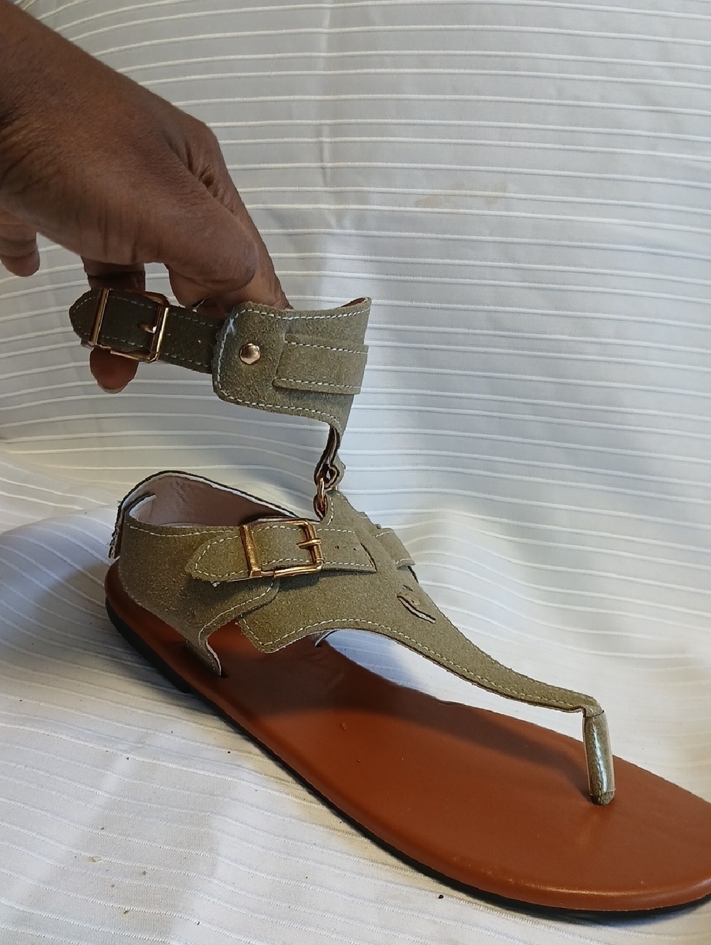 Women’s Olive Green T-Strap Sandal with Gold Buckle - Picture 2 of 5